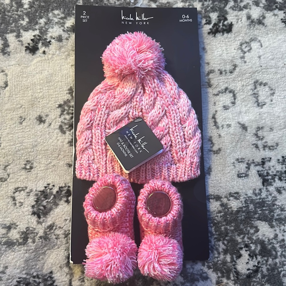 NWT- Nicole Miller Baby Hat and Bootie set